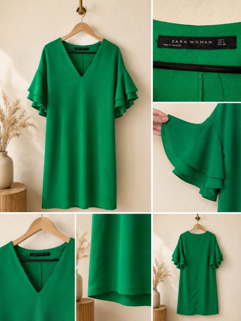 Zara Green V-Neck Dress with Ruffle Sleeves - Size M